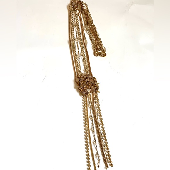 Long 28 Inch Muti Chain Necklace With Butterfly Pendant Gold Tone Rhinestones - Picture 2 of 10
